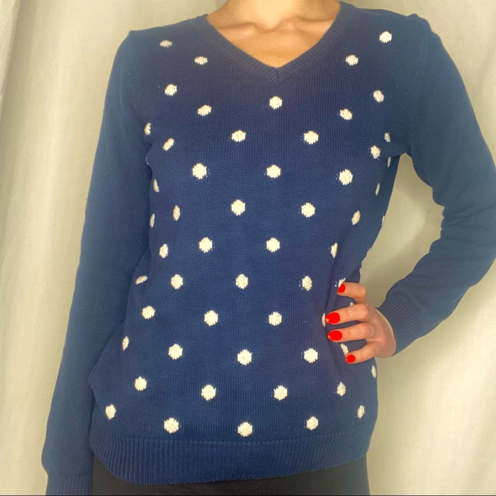 Vintage Liz & Co Blue and White Polka Dot Sweater
